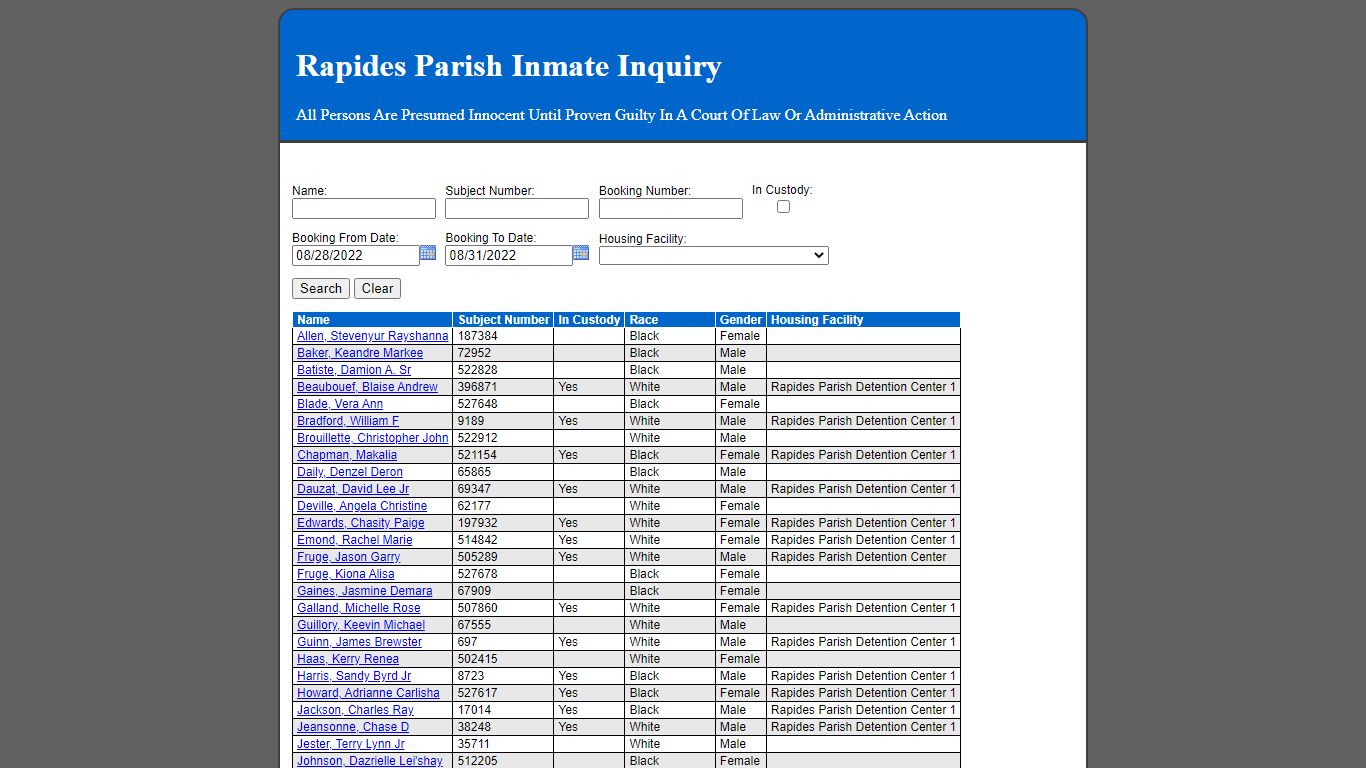Rapides Parish Inmate Inquiry - 12.189.45.22